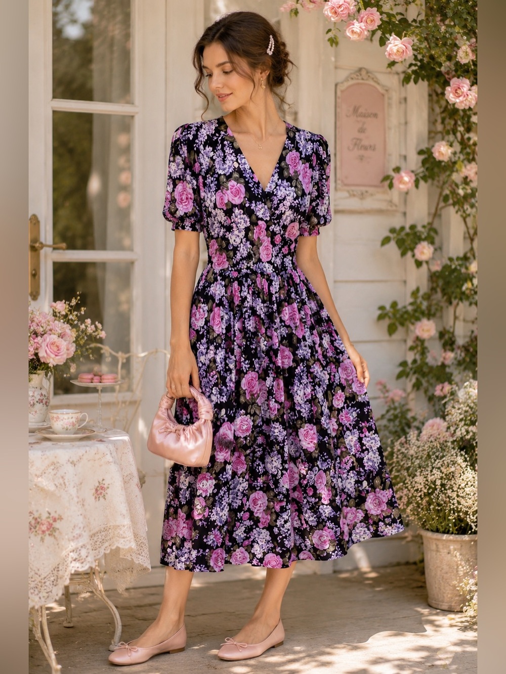 Vintage 90s STASH Rose Midi Dress USA Whimsigoth Cottagecore Romance 13/14 C